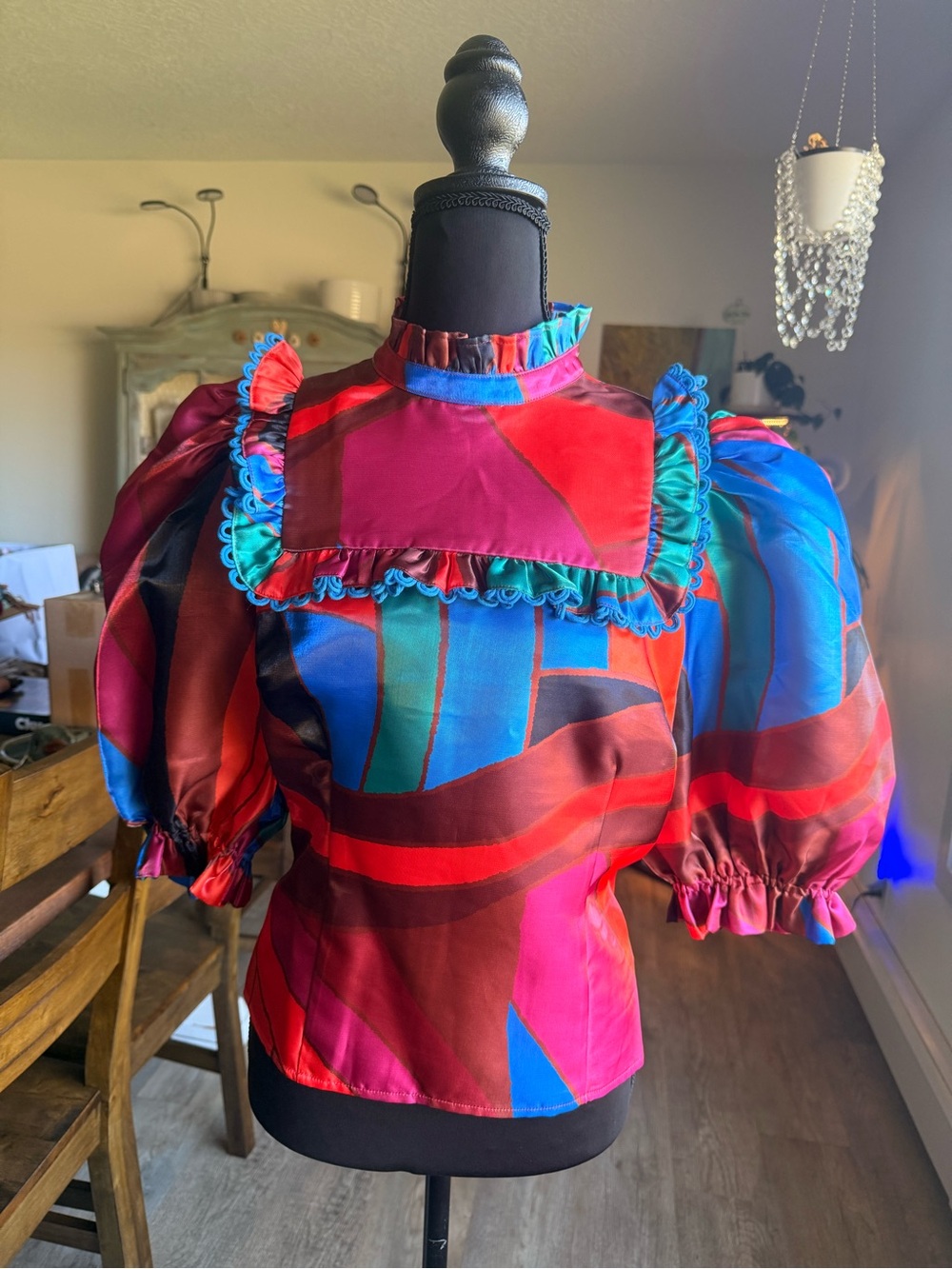 Alden Adair Prism Top Colorblock Ruffle Puff-Sleeve Blouse - Pink & Blue NWT
